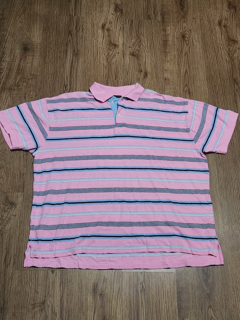Men's Pink Striped Polo Shirt with Navy & Gray Accents